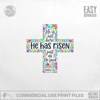 He Is Risen SVG PNG, Matthew 28:6 Bible Verse Digital Download, Christian Easter Cross, Religious Scripture Clipart, Church Decor Art