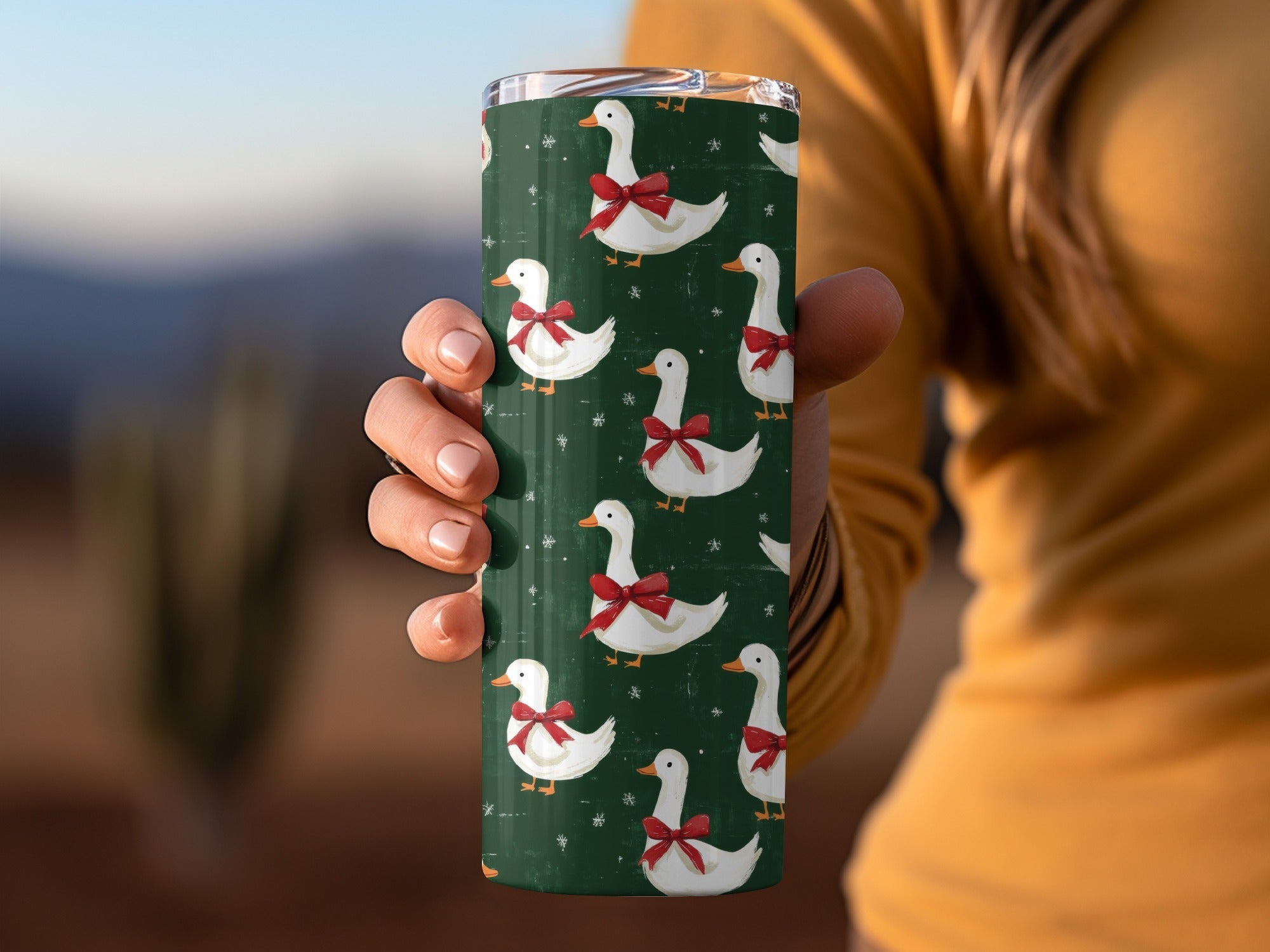 Holiday Geese With Bows on Dark Green Background Digital