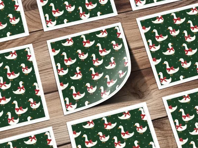 Holiday Geese With Bows on Dark Green Background Digital