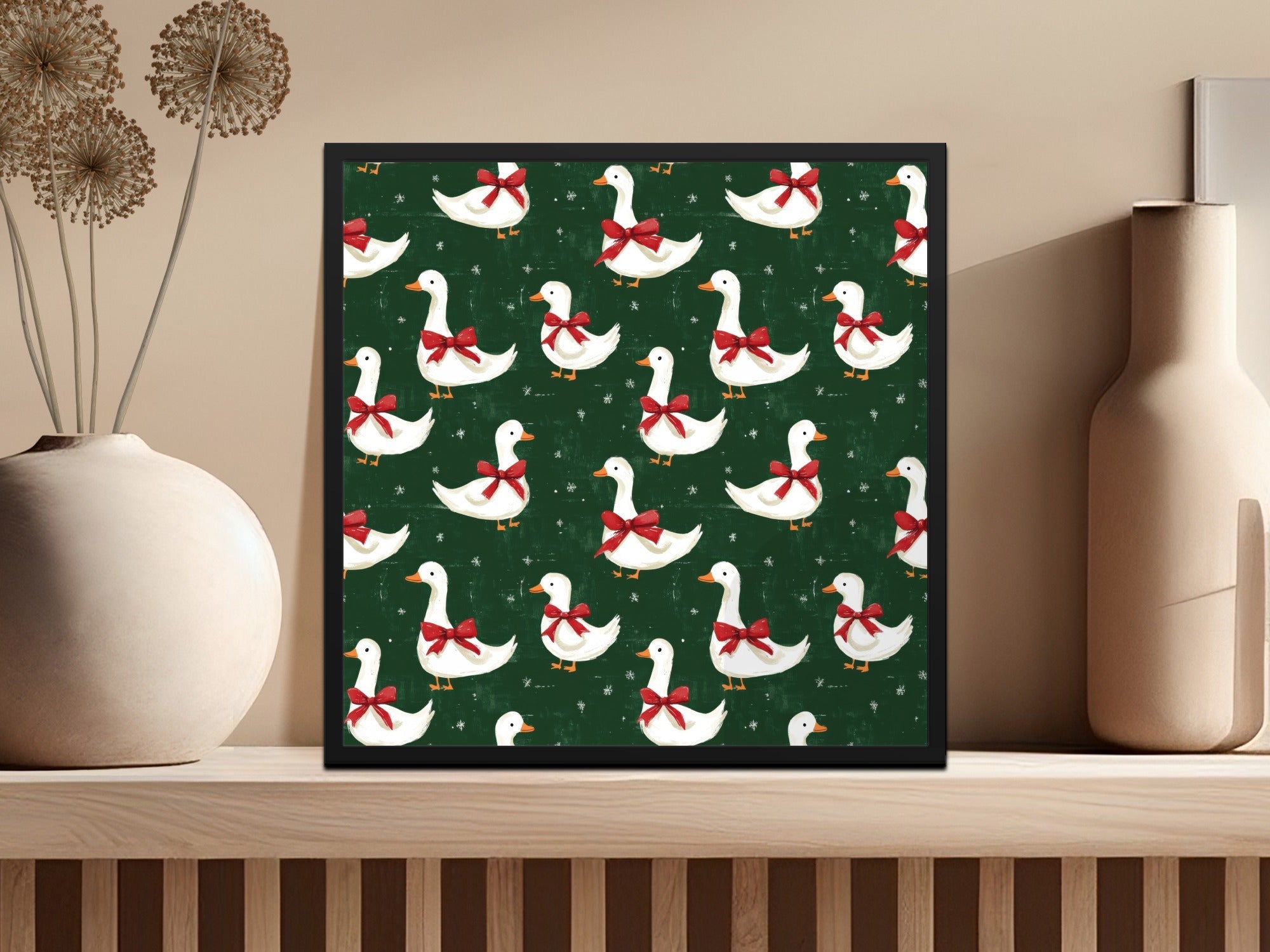Holiday Geese With Bows on Dark Green Background Digital