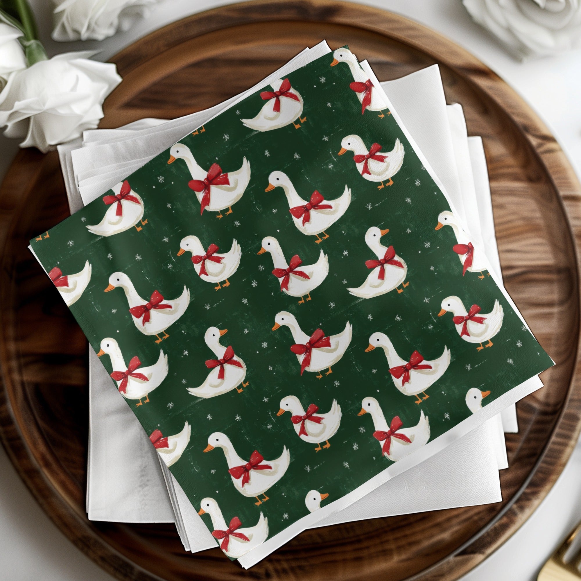 Holiday Geese With Bows on Dark Green Background Digital