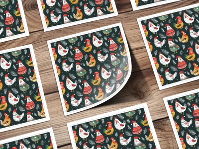 Holiday Roosters Festive Pattern With Santa Hats Digital