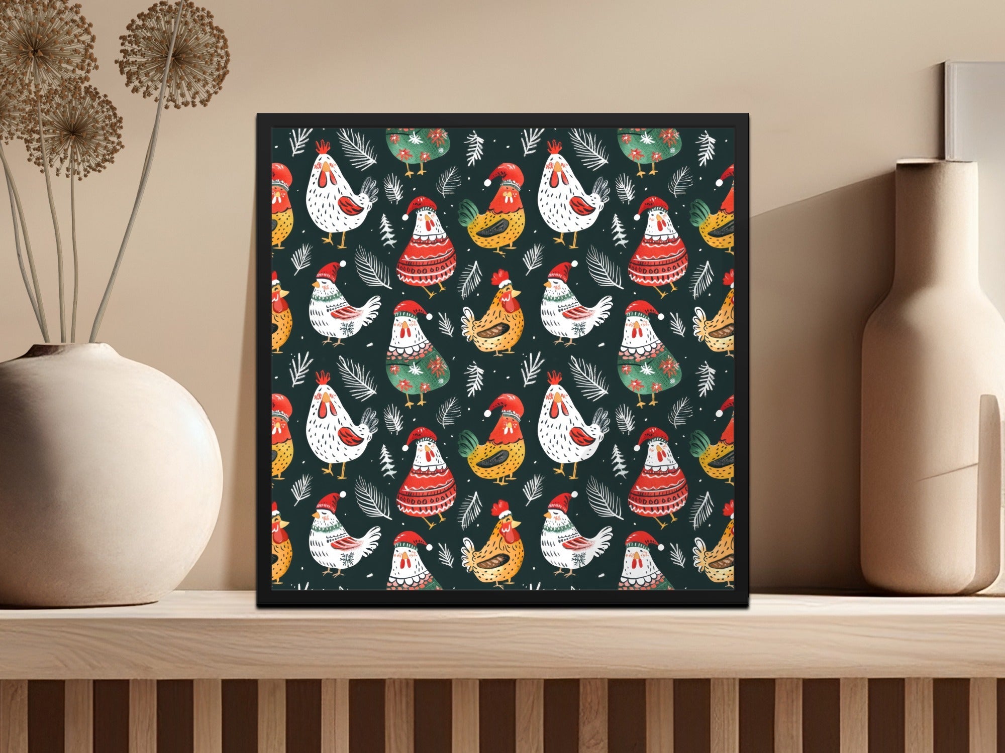 Holiday Roosters Festive Pattern With Santa Hats Digital