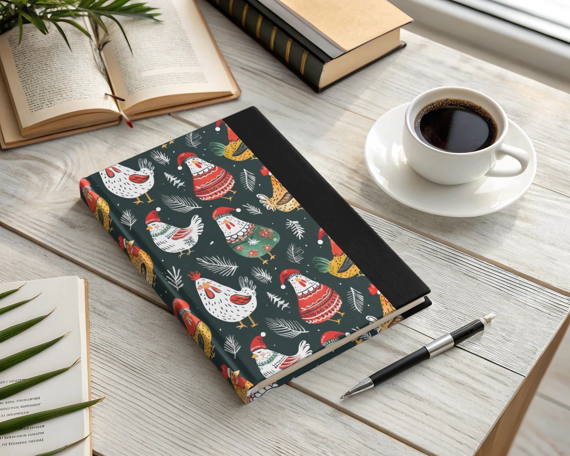 Holiday Roosters Festive Pattern With Santa Hats Digital