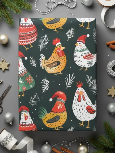 Holiday Roosters Festive Pattern With Santa Hats Digital