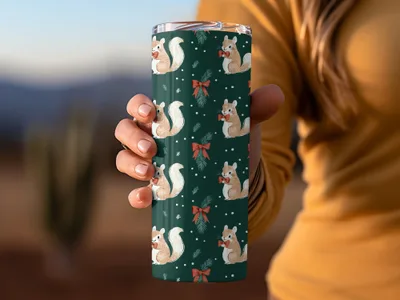 Holiday Squirrels with Bow Ties on Green Background Digital