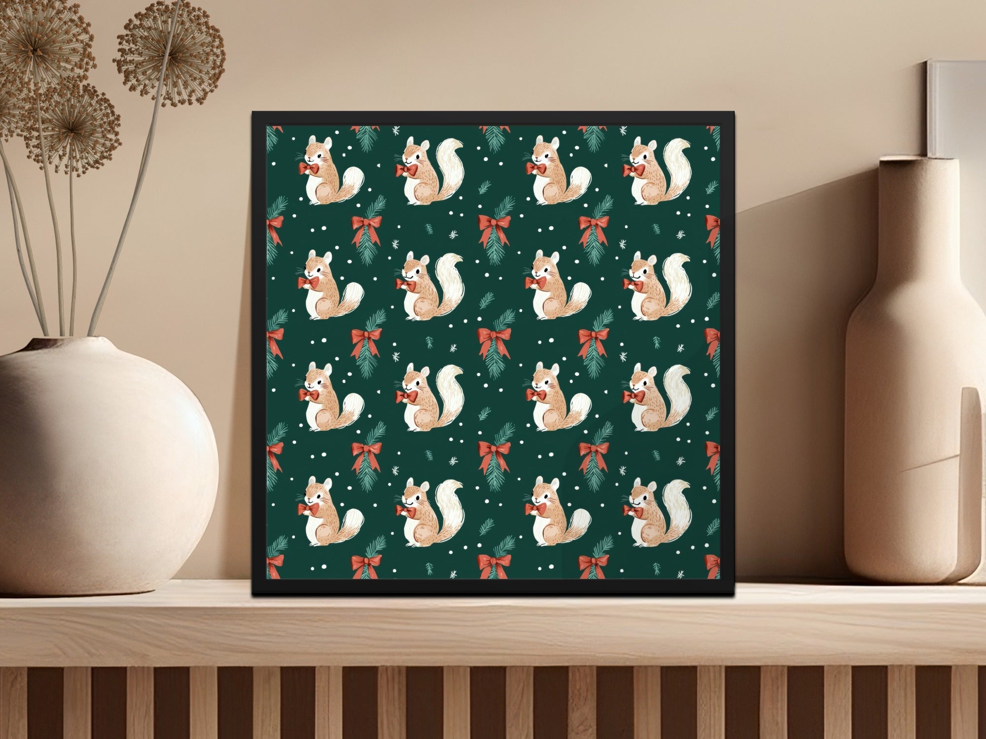 Holiday Squirrels with Bow Ties on Green Background Digital