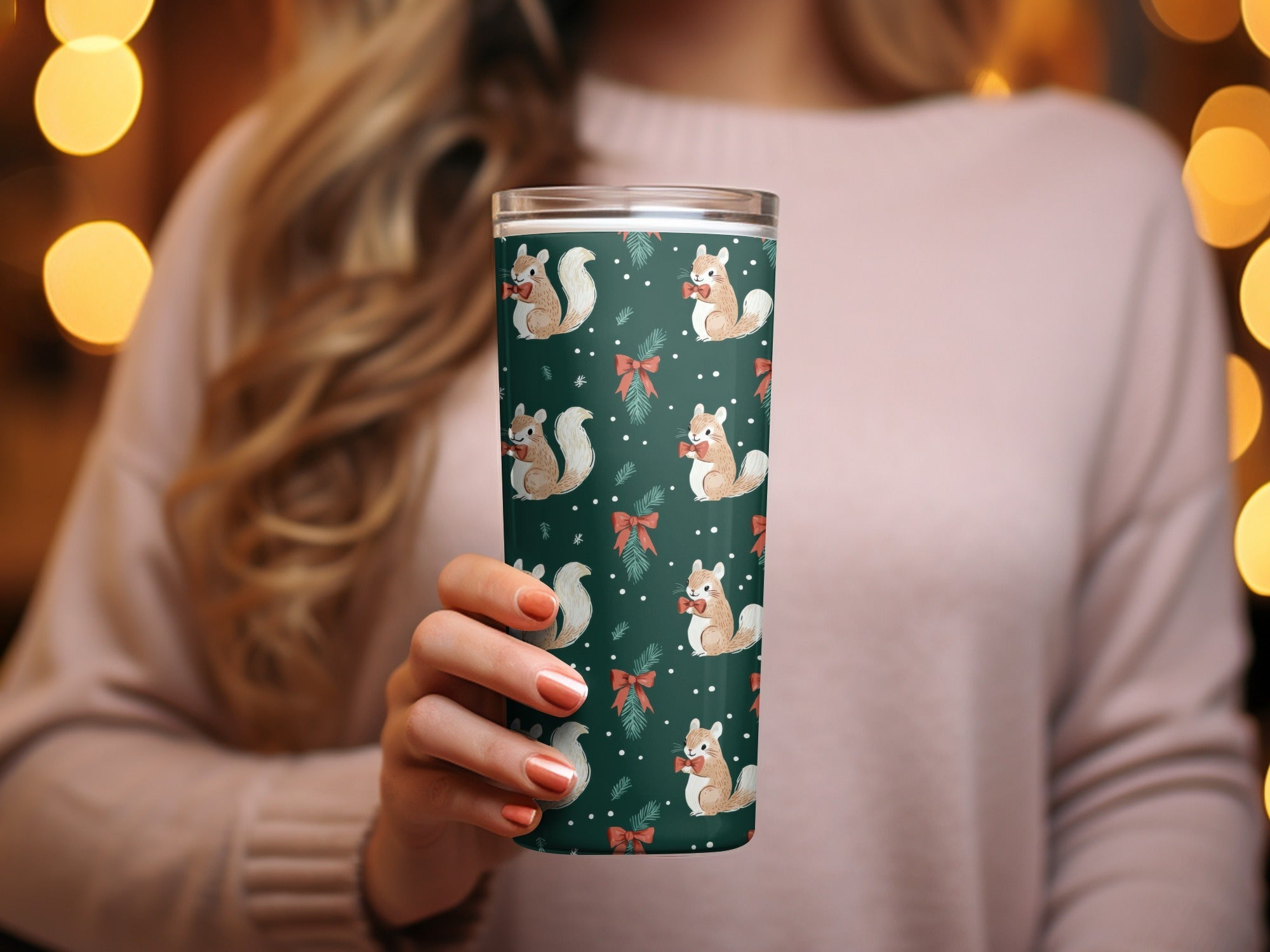 Holiday Squirrels with Bow Ties on Green Background Digital