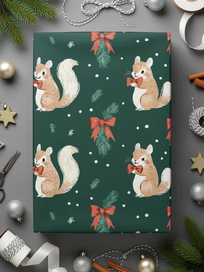 Holiday Squirrels with Bow Ties on Green Background Digital