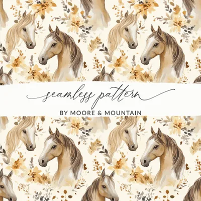 Horse and Floral Watercolor Pattern with Earthy Tones Digital