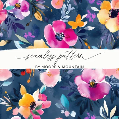 Indigo Blue Dark Watercolor Floral Digital Paper, Seamless Flower Pattern, Printable Fabric Design, Commercial Use License