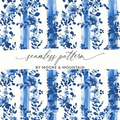 Indigo Floral Stripe Digital Paper, Watercolor Flower Pattern, Seamless Fabric Design, 12x12 JPEG, Digital Download