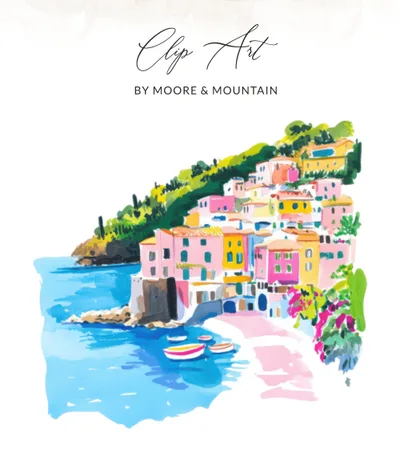Italian SVG, PNG, Digital Art, Mediterranean Seaside, Beachy Summer Coastal Scene Clip Art, European Vacation Clip Art