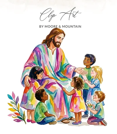 Jesus and Children Watercolor Clipart Digital Art - Diverse Kids Christian Nursery Decor PNG Gift