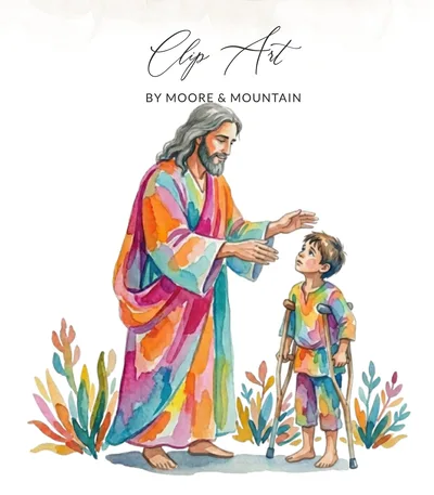 Jesus Heals Boy on Crutches Watercolor Digital Art Print, Christian Wall Art, Faith Nursery Decor, Inspirational Religious Gift