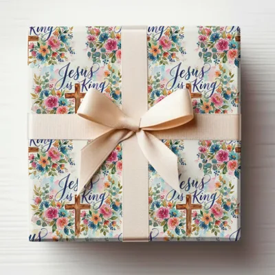 Jesus is King Digital Seamless Pattern, Watercolor Floral Cross JPG, Christian Faith Background, Religious Scripture Art Print