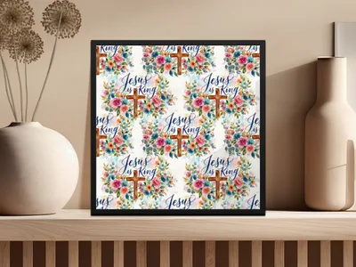 Jesus is King Digital Seamless Pattern, Watercolor Floral Cross JPG, Christian Faith Background, Religious Scripture Art Print