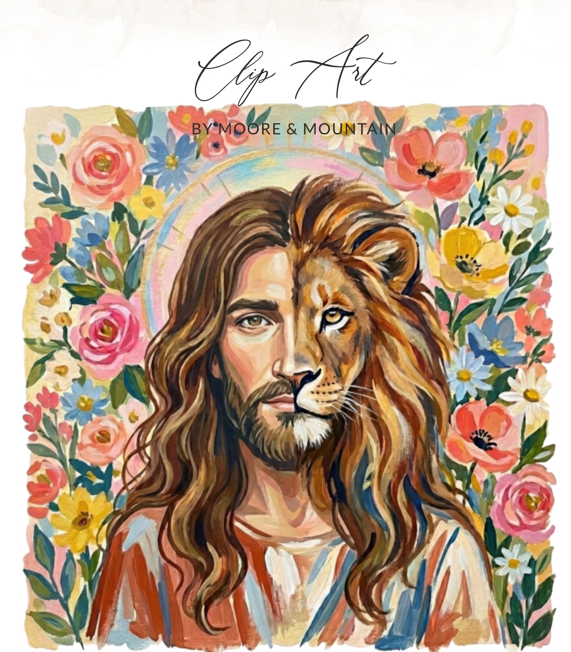Jesus Lion of Judah Digital T-Shirt Design, Christian Faith Boho Floral Art Tee, Religious Spiritual Apparel Print