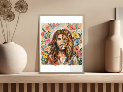 Jesus Lion of Judah Digital T-Shirt Design, Christian Faith Boho Floral Art Tee, Religious Spiritual Apparel Print