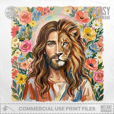 Jesus Lion of Judah Digital T-Shirt Design, Christian Faith Boho Floral Art Tee, Religious Spiritual Apparel Print