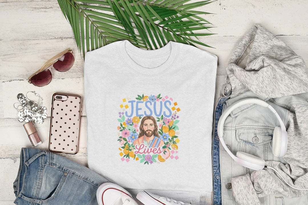Jesus Lives Christian T-Shirt Digital File, Vibrant Faith Apparel, Floral Jesus Design, Easter Gift for Her