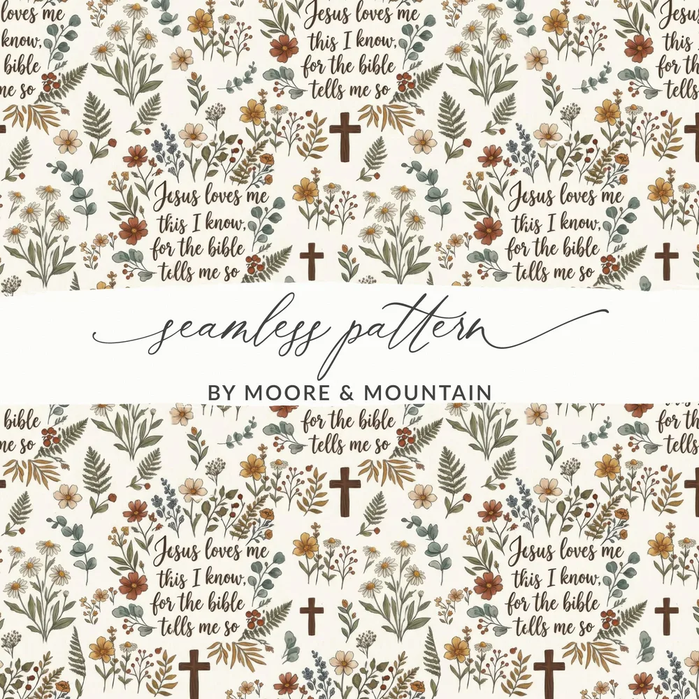 Jesus Loves Me This I Know Digital Paper, Christian Faith Seamless Pattern, Bible Verse Scripture Floral Print, Religious Cross Background
