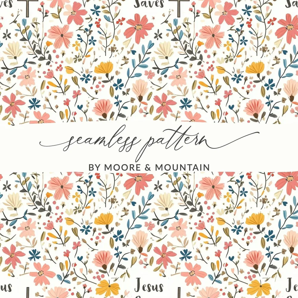 Jesus Saves Floral Digital Paper, Christian Seamless Pattern, Religious Print, Commercial Use, Faith Based Design, POD