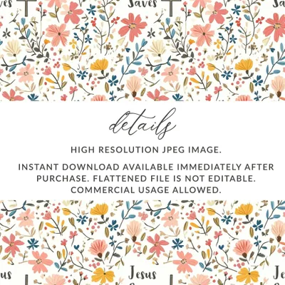 Jesus Saves Floral Digital Paper, Christian Seamless Pattern, Religious Print, Commercial Use, Faith Based Design, POD