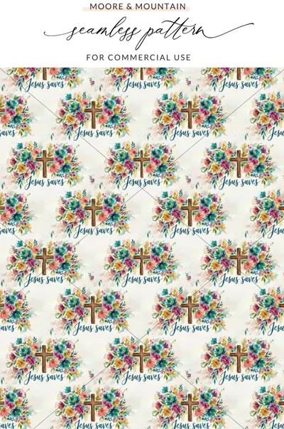 Jesus Saves Watercolor Cross Digital, Vibrant Floral Christian Seamless Pattern, Faith Art Sublimation Design, Religious Scripture Print