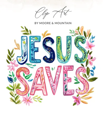 Jesus saves Watercolor Floral Clipart, Christian Digital Download, Inspirational png svg, Vibrant Art Printable, Commercial Use, Faith Art