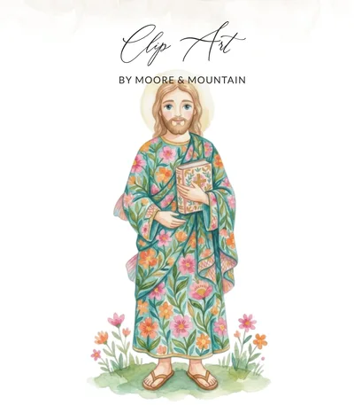 Jesus Watercolor Preppy Clip Art, Floral Christian Art PNG, Boho Jesus Digital Download PNG, First Communion Gift, Religious Nursery Decor
