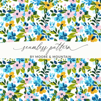 Jungle Floral Seamless Background JPEG Allover Blue and Pink Floral Print Modern Watercolor Repeating Pattern JPEG