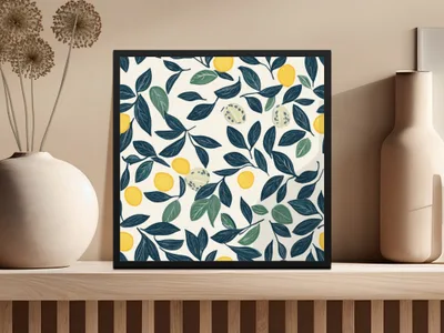 Lemon Digital Paper, Dark Blue Leaves Pattern, Printable Lemon Seamless Pattern, Yellow Citrus Print, Summer Digital, Food Pattern