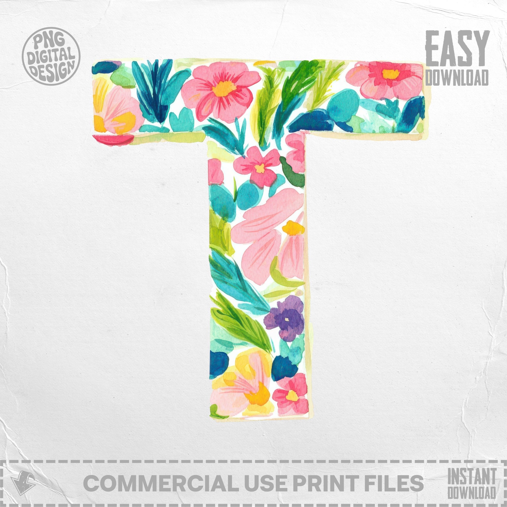Letter T Floral Watercolor SVG, PNG Digital Download, Botanical Alphabet Clipart, Vibrant Initial Monogram, Scrapbooking Print Art