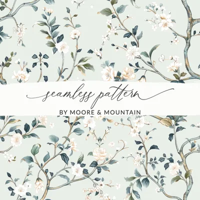 Light Blue Chinoiserie Floral Pattern on Pastel Background Vintage Style Digital