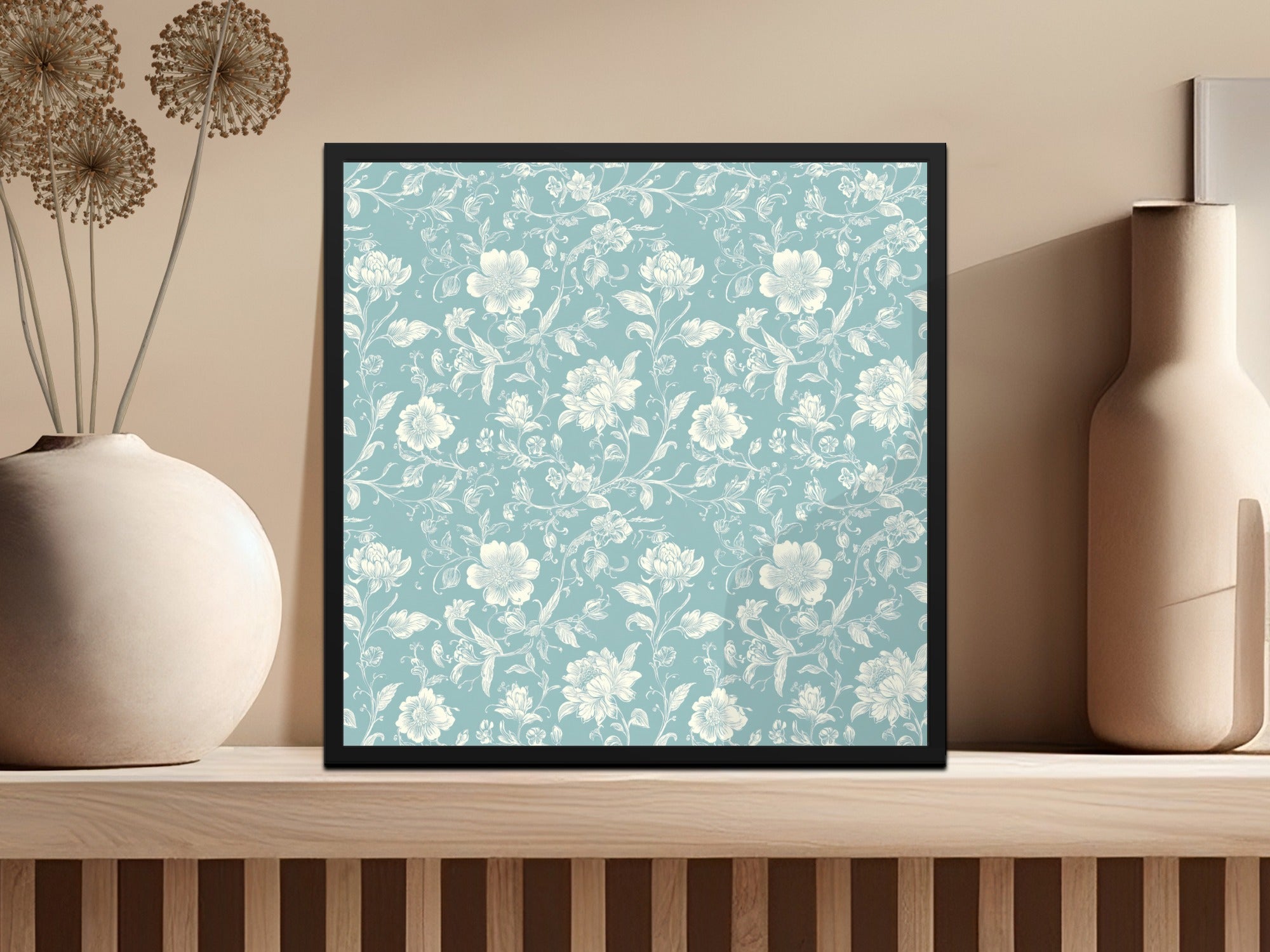 Light Blue Floral Chinoiserie Toile Design Digital