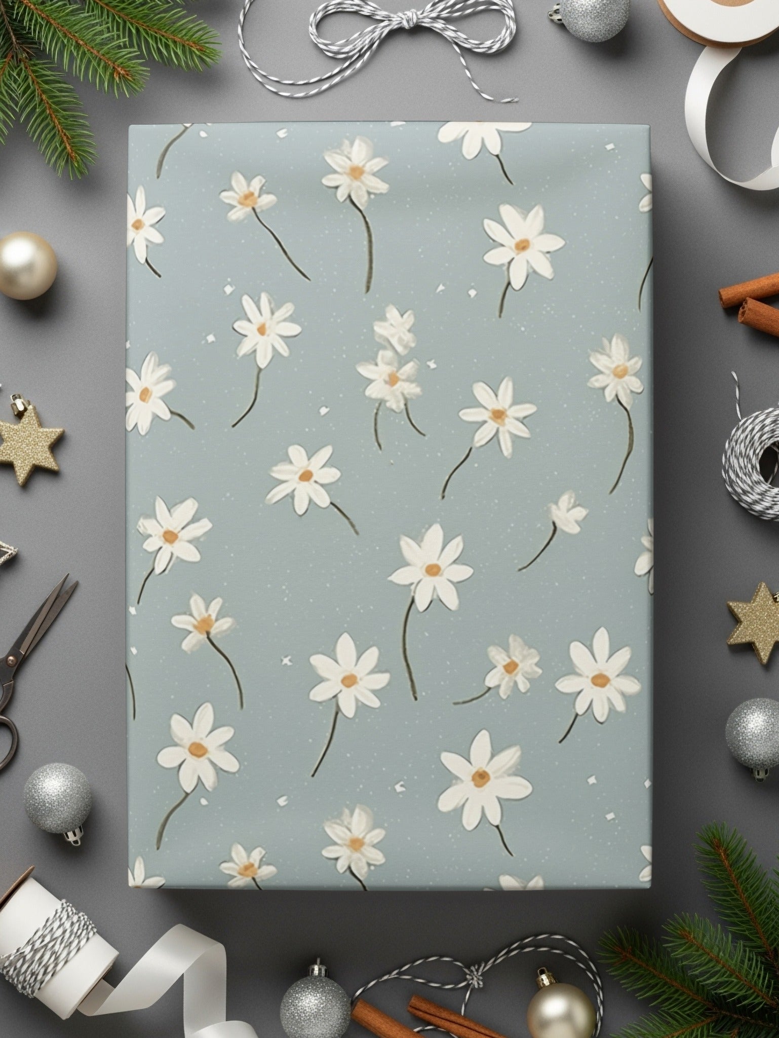 Light Blue Seamless Modern Boho Background Daisy Field