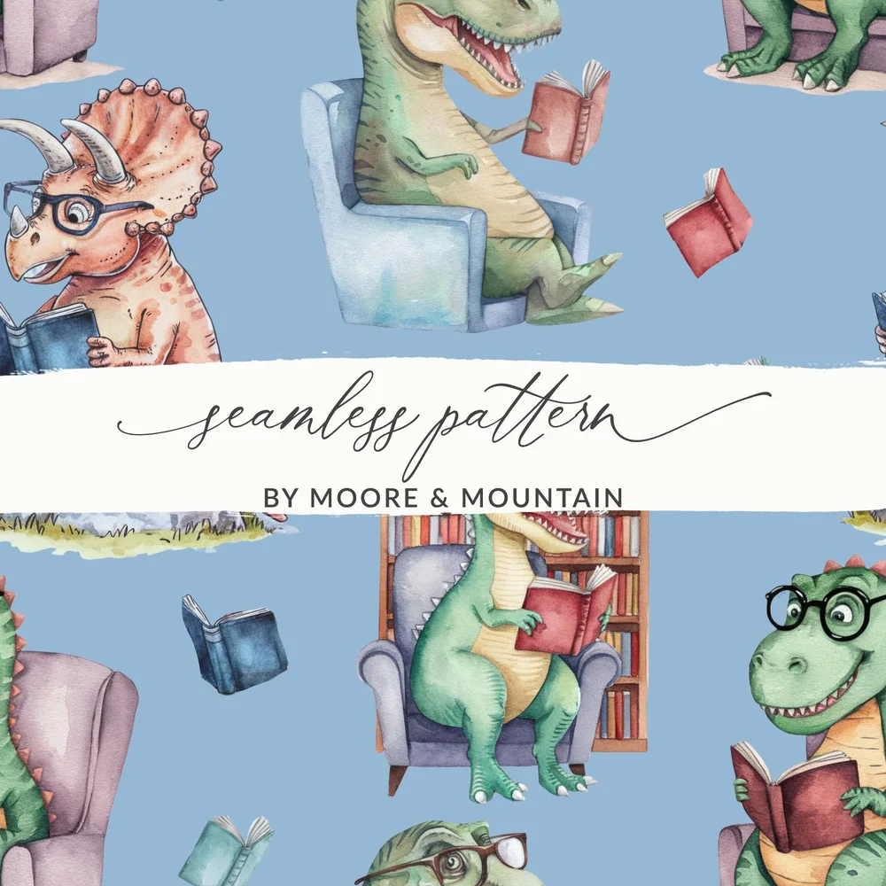 Light Blue Watercolor Dinosaurs Reading Books Pattern