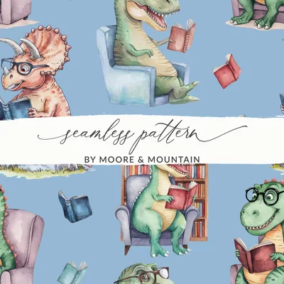 Light Blue Watercolor Dinosaurs Reading Books Pattern