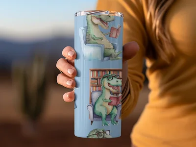 Light Blue Watercolor Dinosaurs Reading Books Pattern
