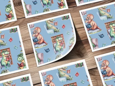 Light Blue Watercolor Dinosaurs Reading Books Pattern