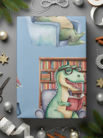 Light Blue Watercolor Dinosaurs Reading Books Pattern