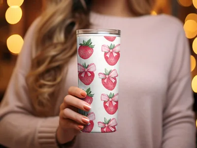 Light Pink Strawberries with Bow Seamless Coquette Digital