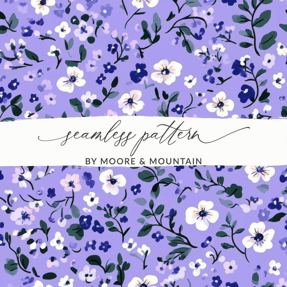 Lilac Ditsy Floral Pattern with Leaves and Blossoms Digital