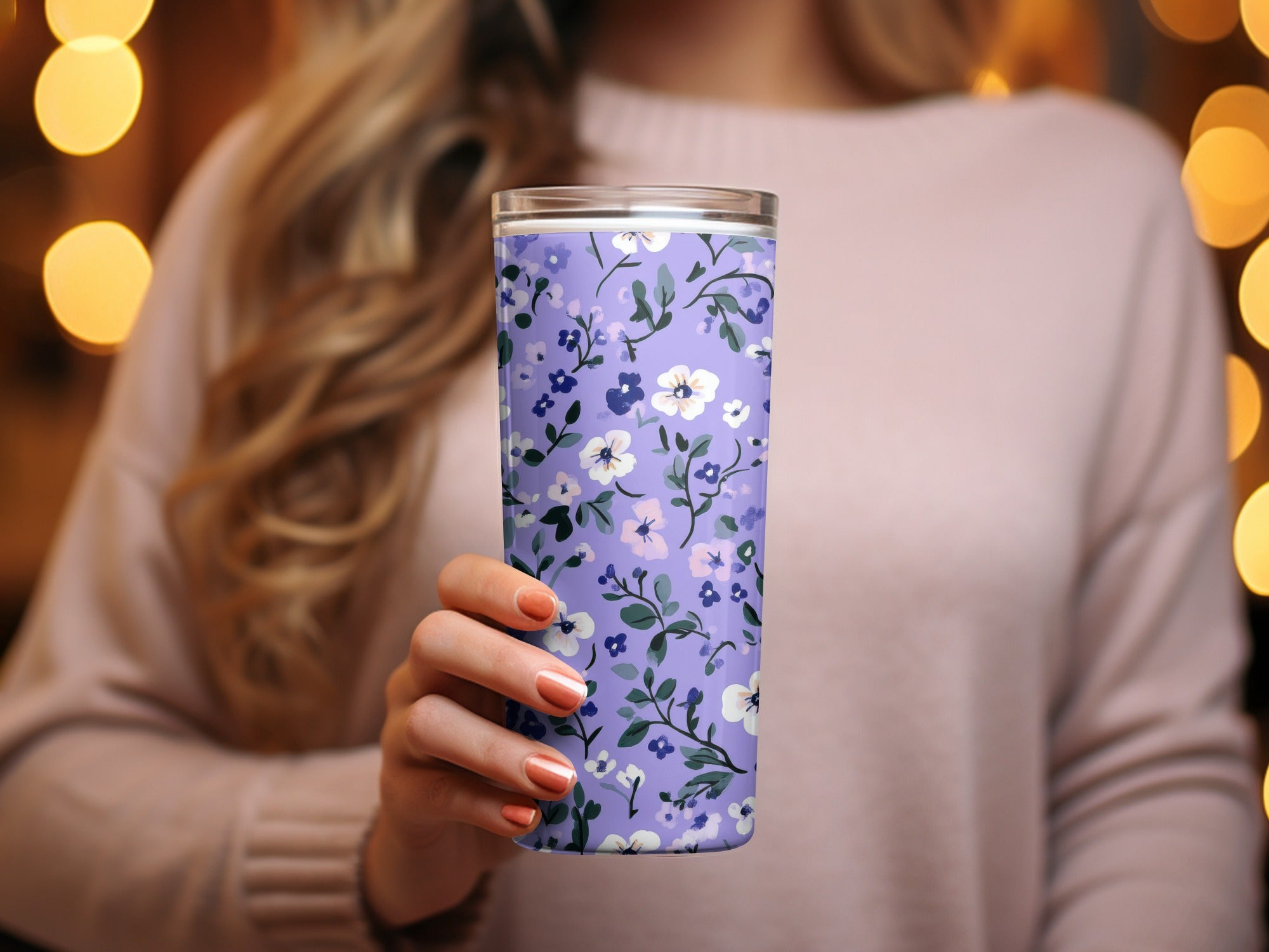 Lilac Ditsy Floral Pattern with Leaves and Blossoms Digital