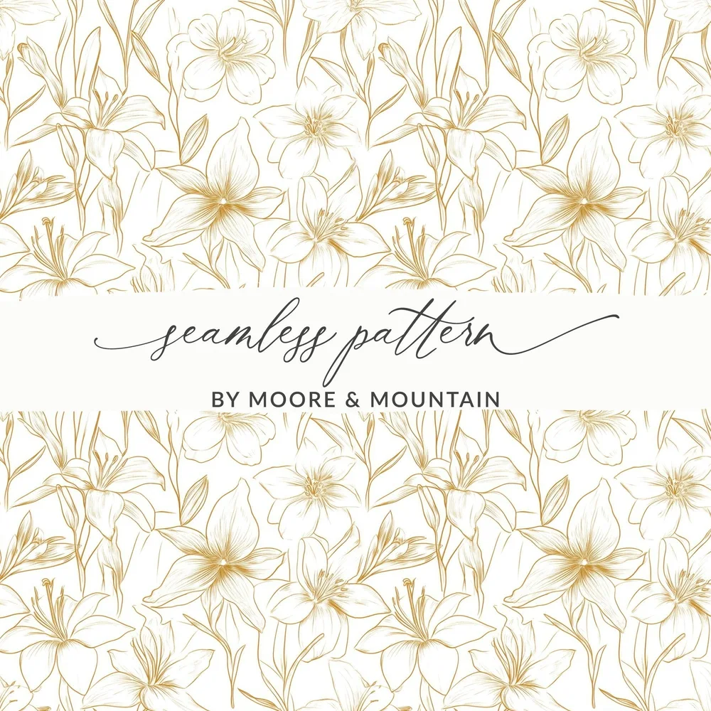 Lily Floral Pattern Digital Paper, Seamless Flower Design, Gold Line Art Pattern, Scrapbooking Pattern, Fabric Design, Digital Download - Moore and Mountain
