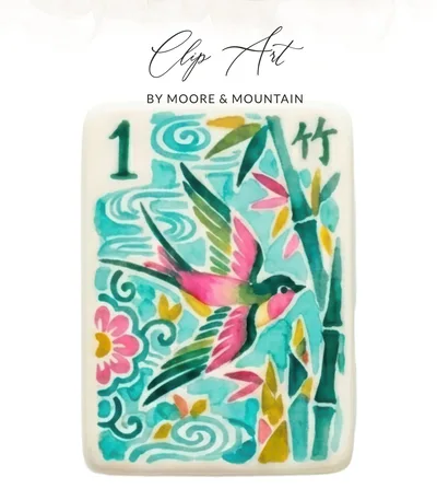 Mahjong Tile Digital Art SVG, PNG Clip Art | Watercolor Bird & Bamboo Asian Decor | Chinoiserie Nature Design Printable