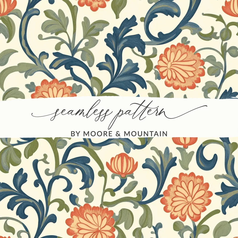 Marigold William Morris Seamless Orange Floral Pattern Dark Colors Digital