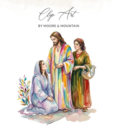 Mary and Martha with Jesus Watercolor Digital Art Print, Christian Bible Story Artwork, Religious Home Decor, Spiritual Gift