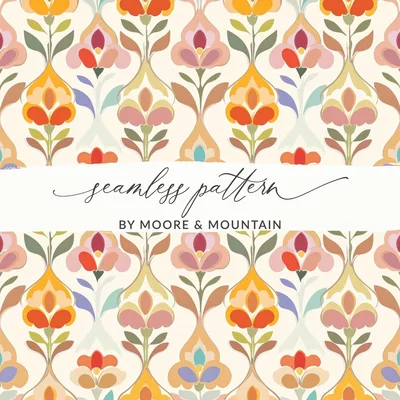 Mid Century Floral Seamless Pattern Digital Paper, Retro 70s Bohemian Flower Print, Vintage Abstract Botanical Surface Design, Commercial